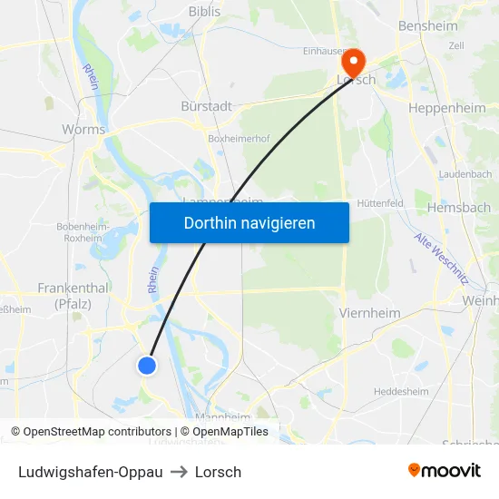 Ludwigshafen-Oppau to Lorsch map