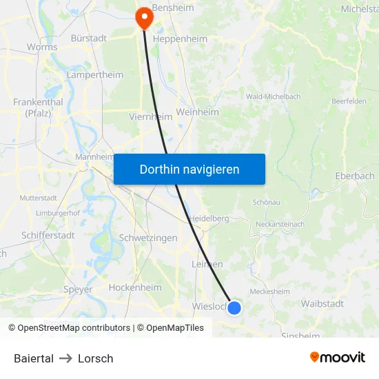 Baiertal to Lorsch map