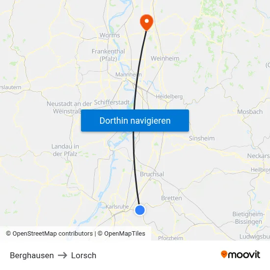 Berghausen to Lorsch map