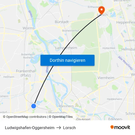 Ludwigshafen-Oggersheim to Lorsch map