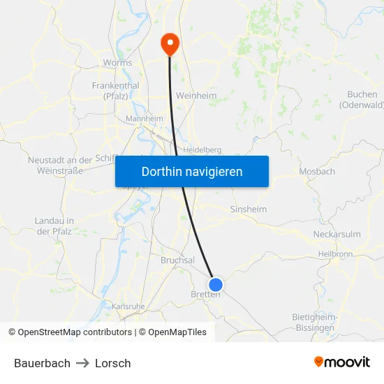 Bauerbach to Lorsch map
