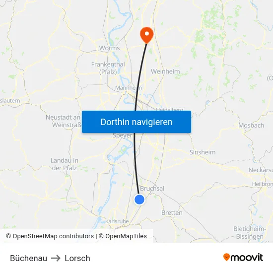 Büchenau to Lorsch map