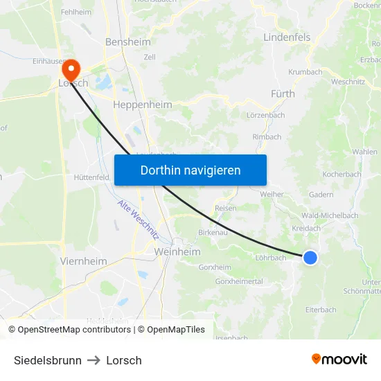 Siedelsbrunn to Lorsch map
