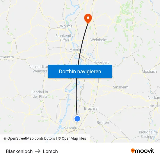 Blankenloch to Lorsch map