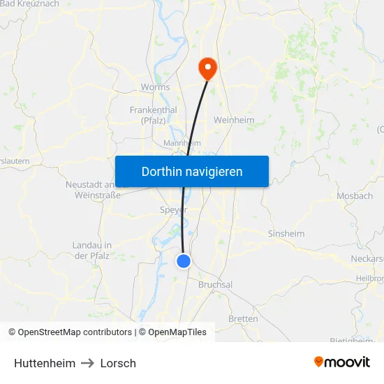 Huttenheim to Lorsch map