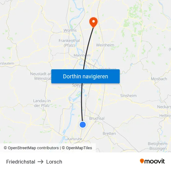 Friedrichstal to Lorsch map