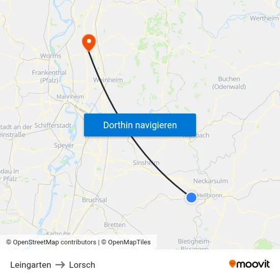 Leingarten to Lorsch map