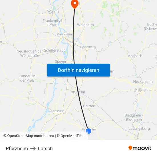 Pforzheim to Lorsch map