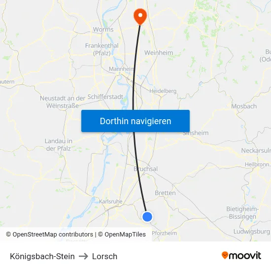 Königsbach-Stein to Lorsch map