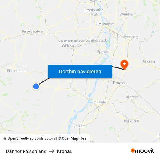 Dahner Felsenland to Kronau map