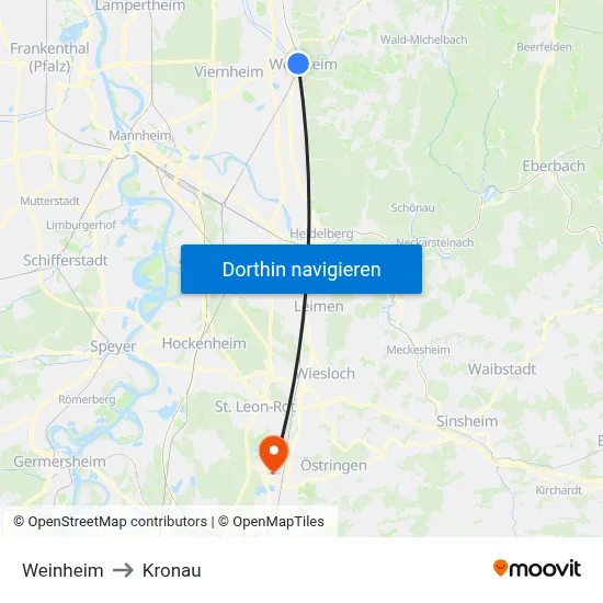 Weinheim to Kronau map