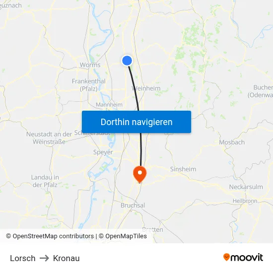 Lorsch to Kronau map