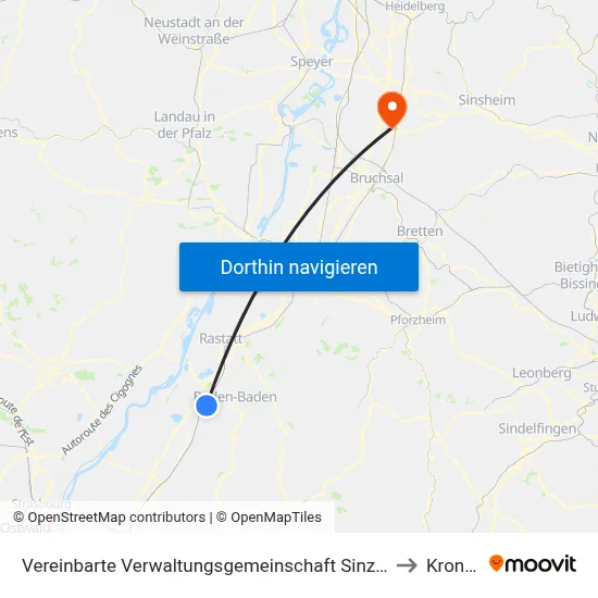 Vereinbarte Verwaltungsgemeinschaft Sinzheim to Kronau map