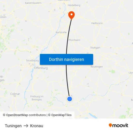 Tuningen to Kronau map