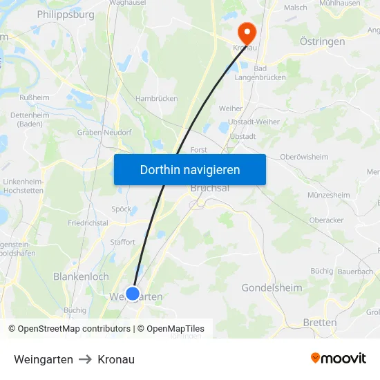 Weingarten to Kronau map