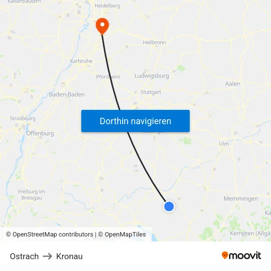 Ostrach to Kronau map