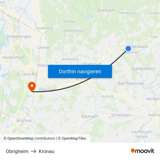 Obrigheim to Kronau map