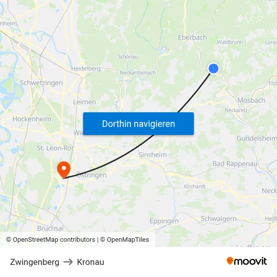 Zwingenberg to Kronau map