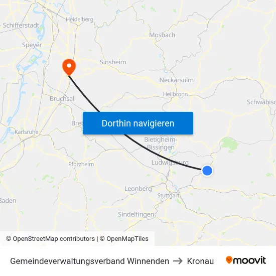 Gemeindeverwaltungsverband Winnenden to Kronau map