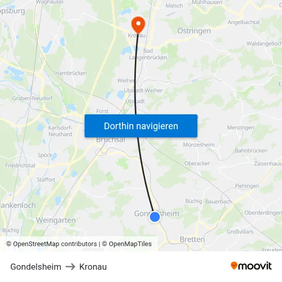 Gondelsheim to Kronau map