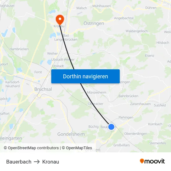 Bauerbach to Kronau map
