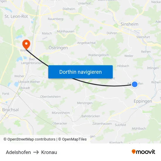 Adelshofen to Kronau map