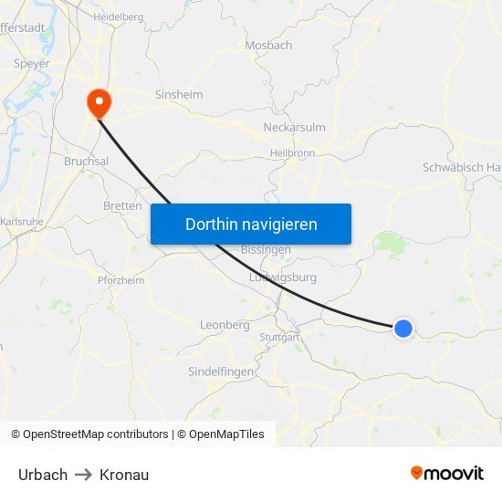 Urbach to Kronau map