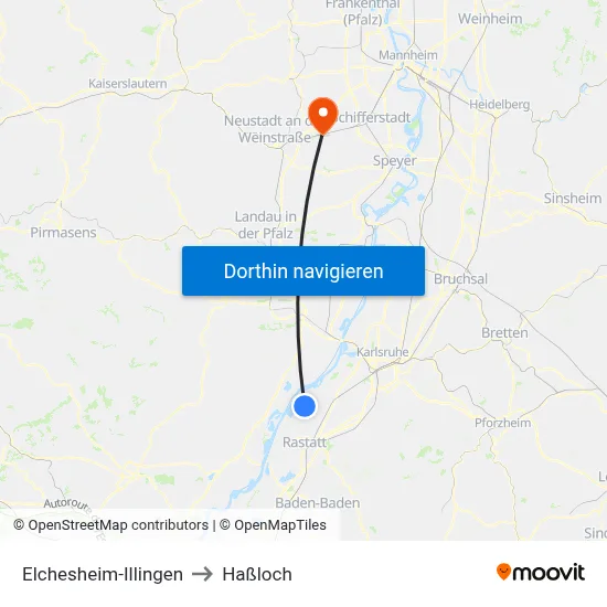Elchesheim-Illingen to Haßloch map