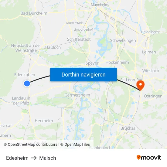 Edesheim to Malsch map