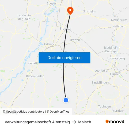 Verwaltungsgemeinschaft Altensteig to Malsch map