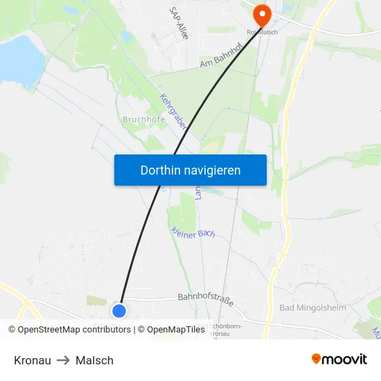 Kronau to Malsch map