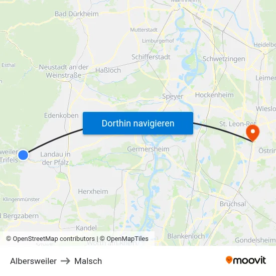 Albersweiler to Malsch map