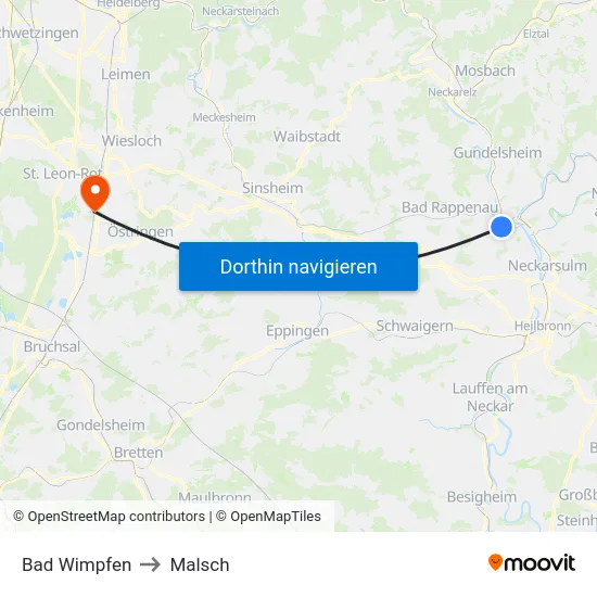 Bad Wimpfen to Malsch map
