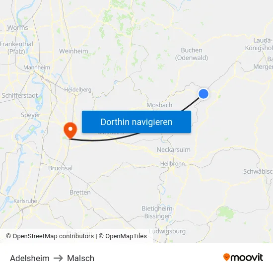 Adelsheim to Malsch map