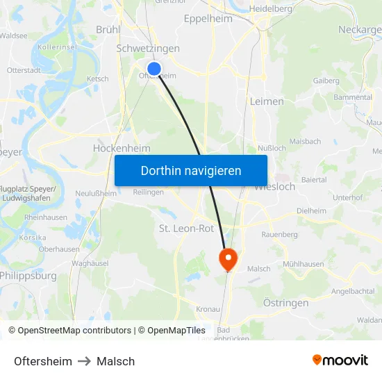 Oftersheim to Malsch map
