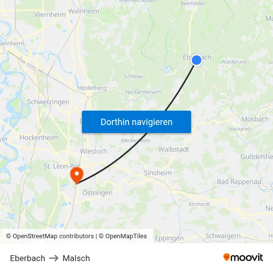 Eberbach to Malsch map
