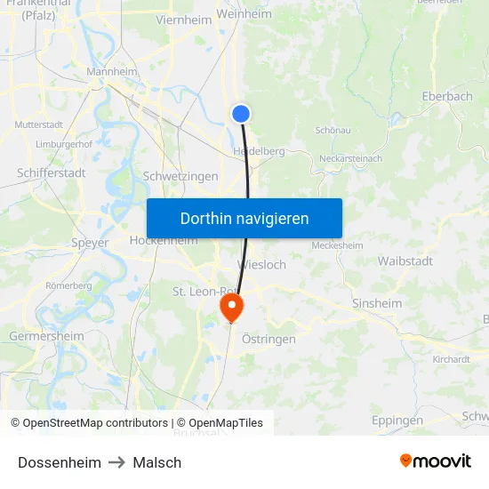 Dossenheim to Malsch map