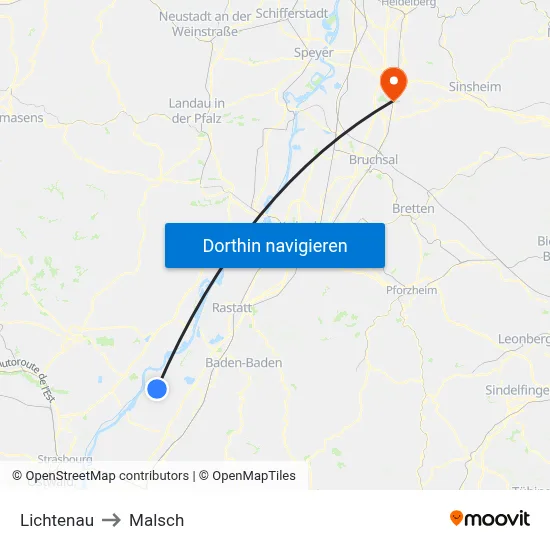Lichtenau to Malsch map