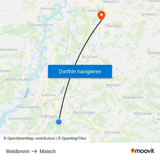Waldbronn to Malsch map