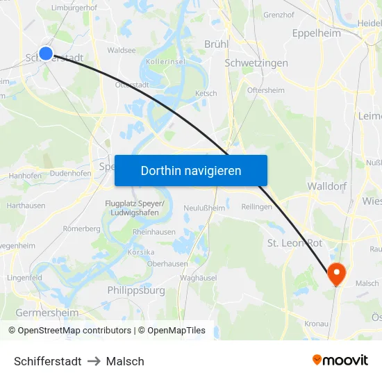 Schifferstadt to Malsch map