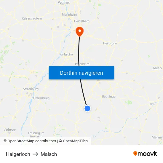 Haigerloch to Malsch map