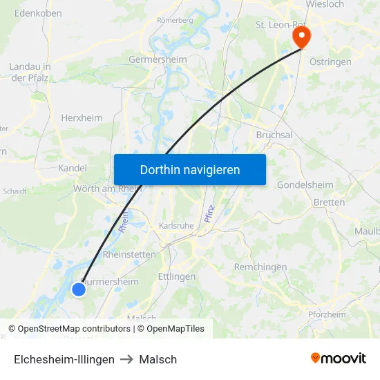Elchesheim-Illingen to Malsch map
