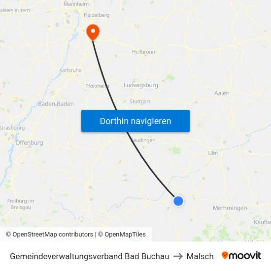Gemeindeverwaltungsverband Bad Buchau to Malsch map