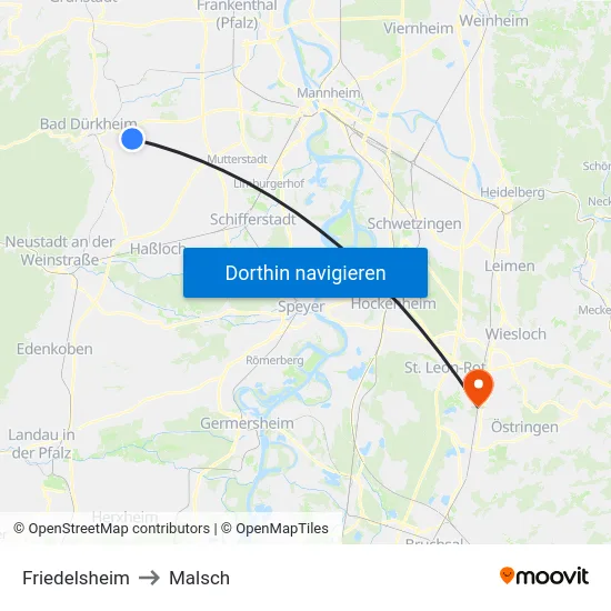 Friedelsheim to Malsch map