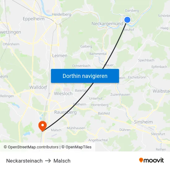 Neckarsteinach to Malsch map