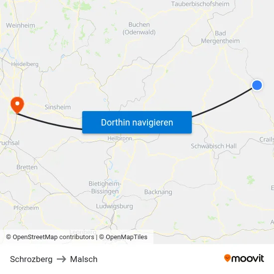 Schrozberg to Malsch map