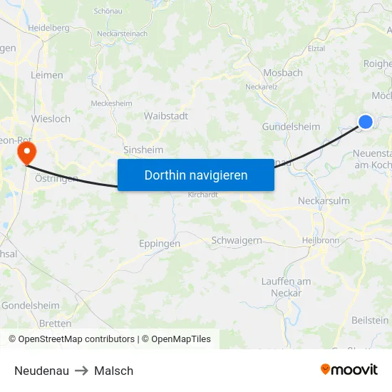 Neudenau to Malsch map
