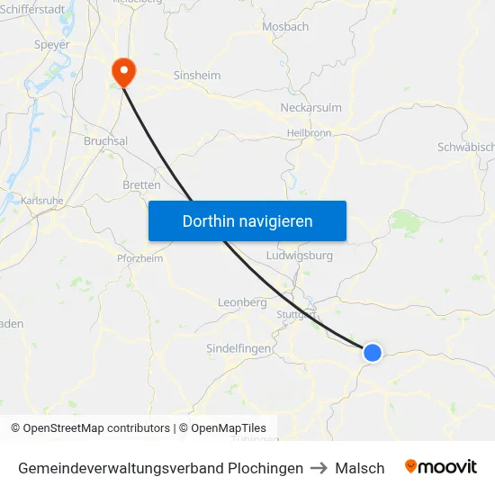 Gemeindeverwaltungsverband Plochingen to Malsch map