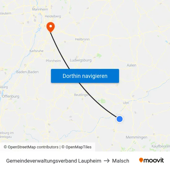 Gemeindeverwaltungsverband Laupheim to Malsch map