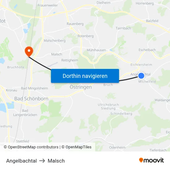 Angelbachtal to Malsch map